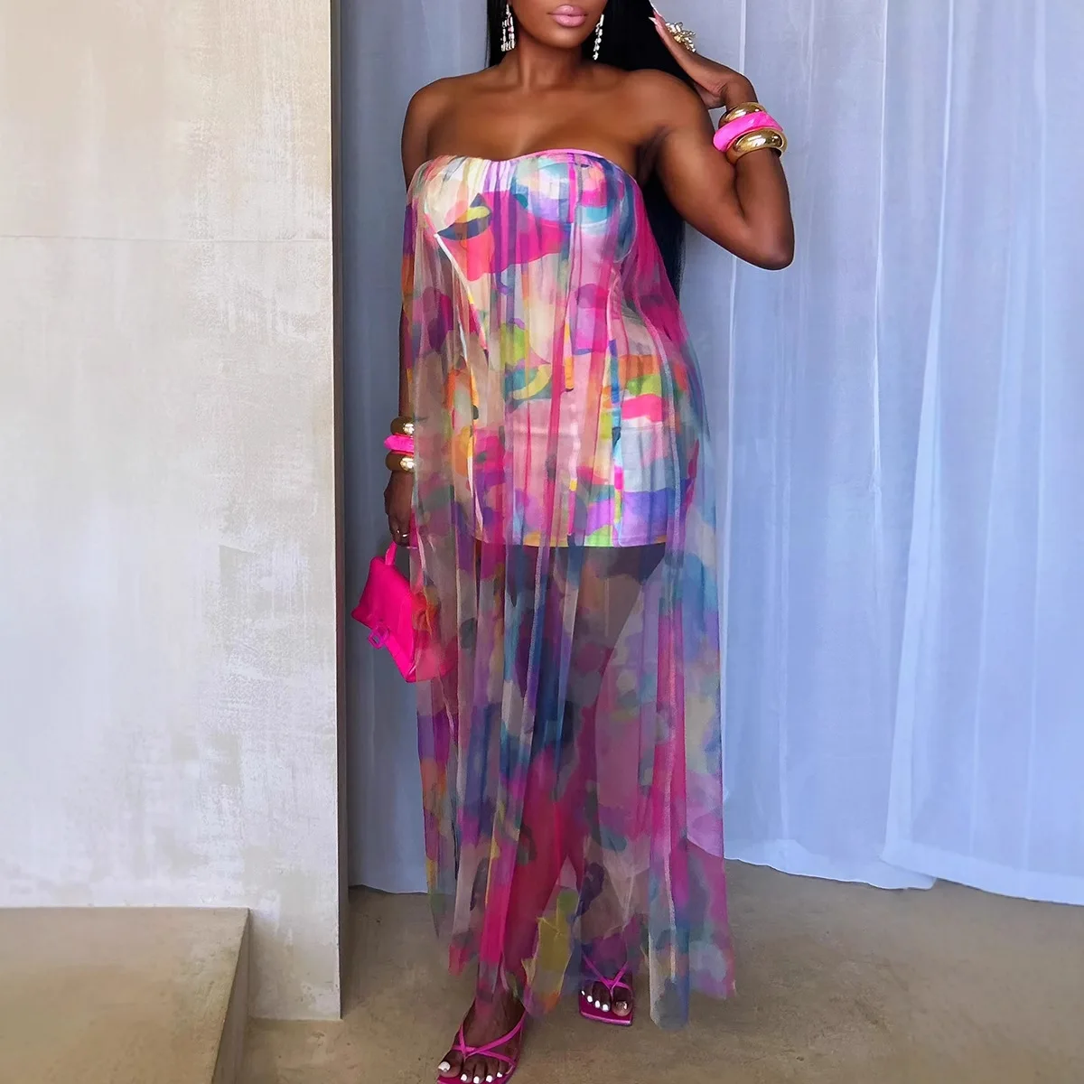 CM.YAYA Women Sleeveless Tie Dye Print Strapless Mesh Bodycon Midi Long Maxi Dress 2025 Birthday Club Party Vestido Sexy Dresses CM.YAYA Women Sleeveless Tie Dye Print Strapless Mesh Bodycon Midi Long Maxi Dress 2025 Birthday Club Party Vestido Sexy Dresses