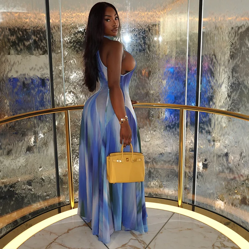 CM.YAYA Women Gradient Print O-Neck Sleeveless Bodycon Long Dress 2025 Summer Holiday Birthday Evening Beach Sexy Party Dresses CM.YAYA Women Gradient Print O-Neck Sleeveless Bodycon Long Dress 2025 Summer Holiday Birthday Evening Beach Sexy Party Dresses