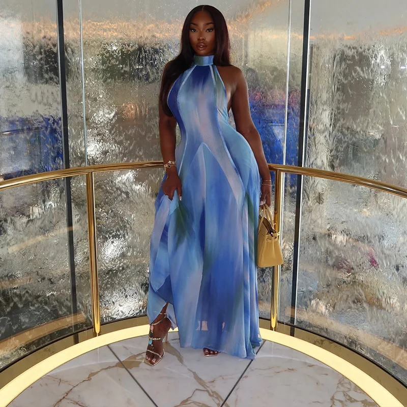 CM.YAYA Women Gradient Print O-Neck Sleeveless Bodycon Long Dress 2025 Summer Holiday Birthday Evening Beach Sexy Party Dresses