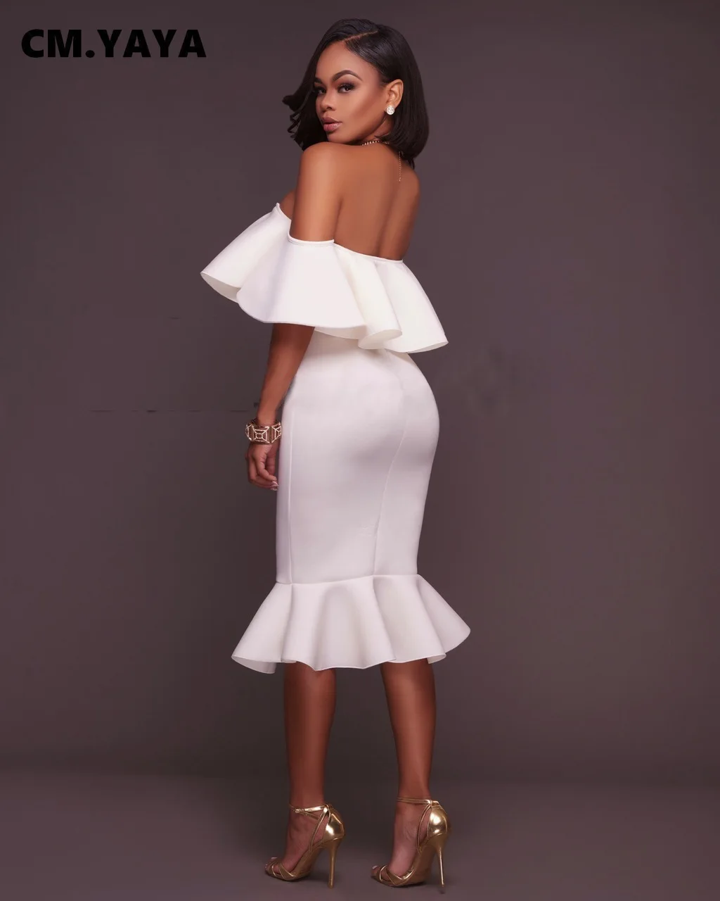 CM.YAYA Women Party Dress Solid Off Shoulder Ruffles Bodycon Trumpet Dresses Elegant Gorgeous Evening Vestidos Autumn Clothes CM.YAYA Women Party Dress Solid Off Shoulder Ruffles Bodycon Trumpet Dresses Elegant Gorgeous Evening Vestidos Autumn Clothes