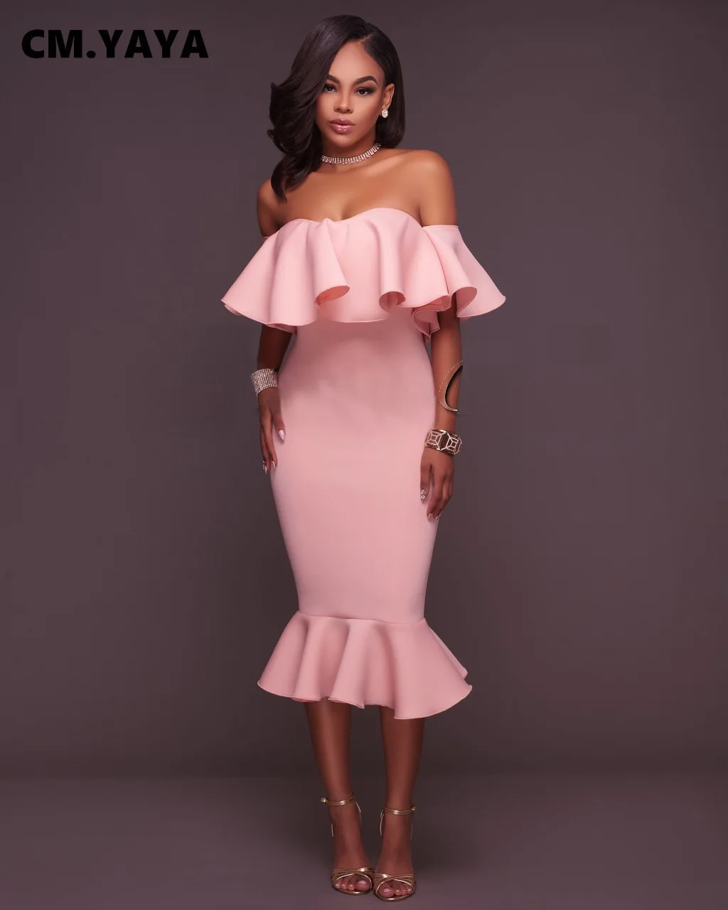 CM.YAYA Women Party Dress Solid Off Shoulder Ruffles Bodycon Trumpet Dresses Elegant Gorgeous Evening Vestidos Autumn Clothes CM.YAYA Women Party Dress Solid Off Shoulder Ruffles Bodycon Trumpet Dresses Elegant Gorgeous Evening Vestidos Autumn Clothes