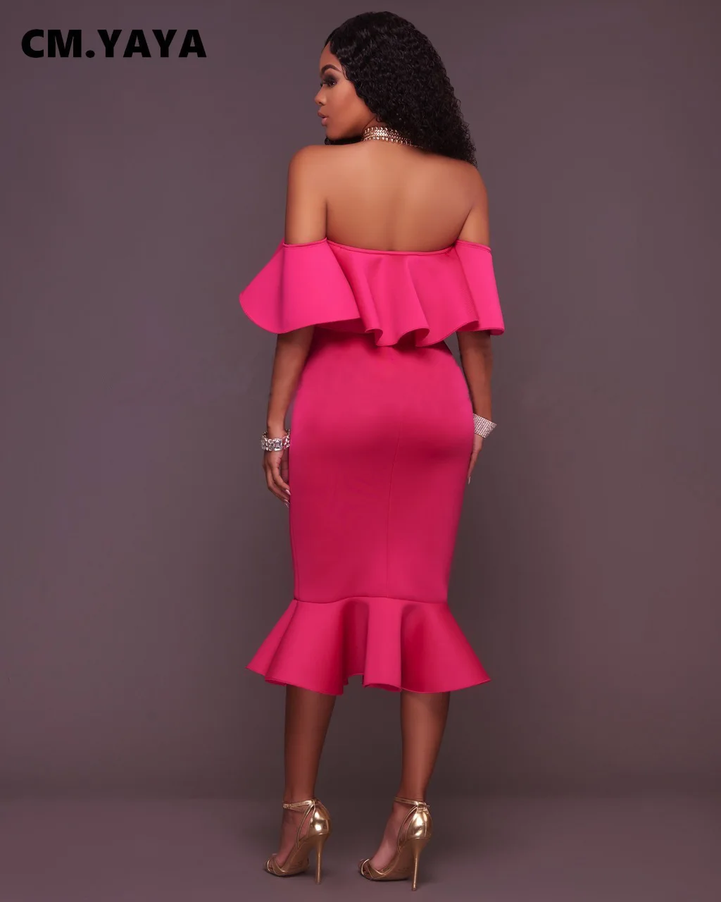 CM.YAYA Women Party Dress Solid Off Shoulder Ruffles Bodycon Trumpet Dresses Elegant Gorgeous Evening Vestidos Autumn Clothes