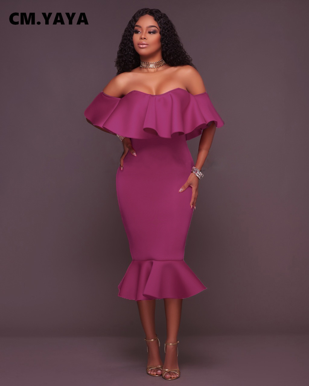 CM.YAYA Women Party Dress Solid Off Shoulder Ruffles Bodycon Trumpet Dresses Elegant Gorgeous Evening Vestidos Autumn Clothes CM.YAYA Women Party Dress Solid Off Shoulder Ruffles Bodycon Trumpet Dresses Elegant Gorgeous Evening Vestidos Autumn Clothes