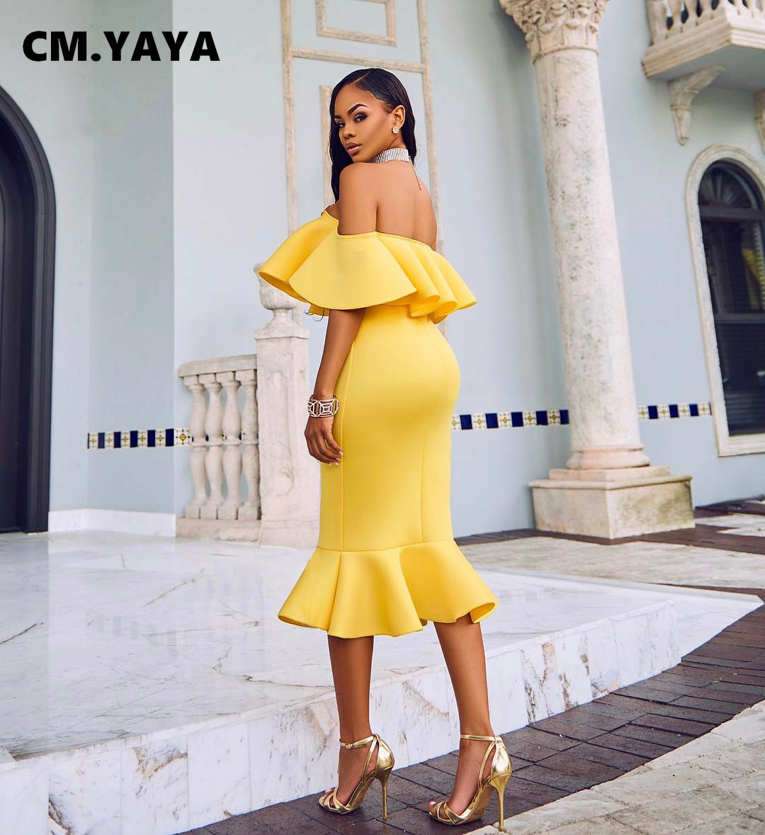 CM.YAYA Women Party Dress Solid Off Shoulder Ruffles Bodycon Trumpet Dresses Elegant Gorgeous Evening Vestidos Autumn Clothes CM.YAYA Women Party Dress Solid Off Shoulder Ruffles Bodycon Trumpet Dresses Elegant Gorgeous Evening Vestidos Autumn Clothes