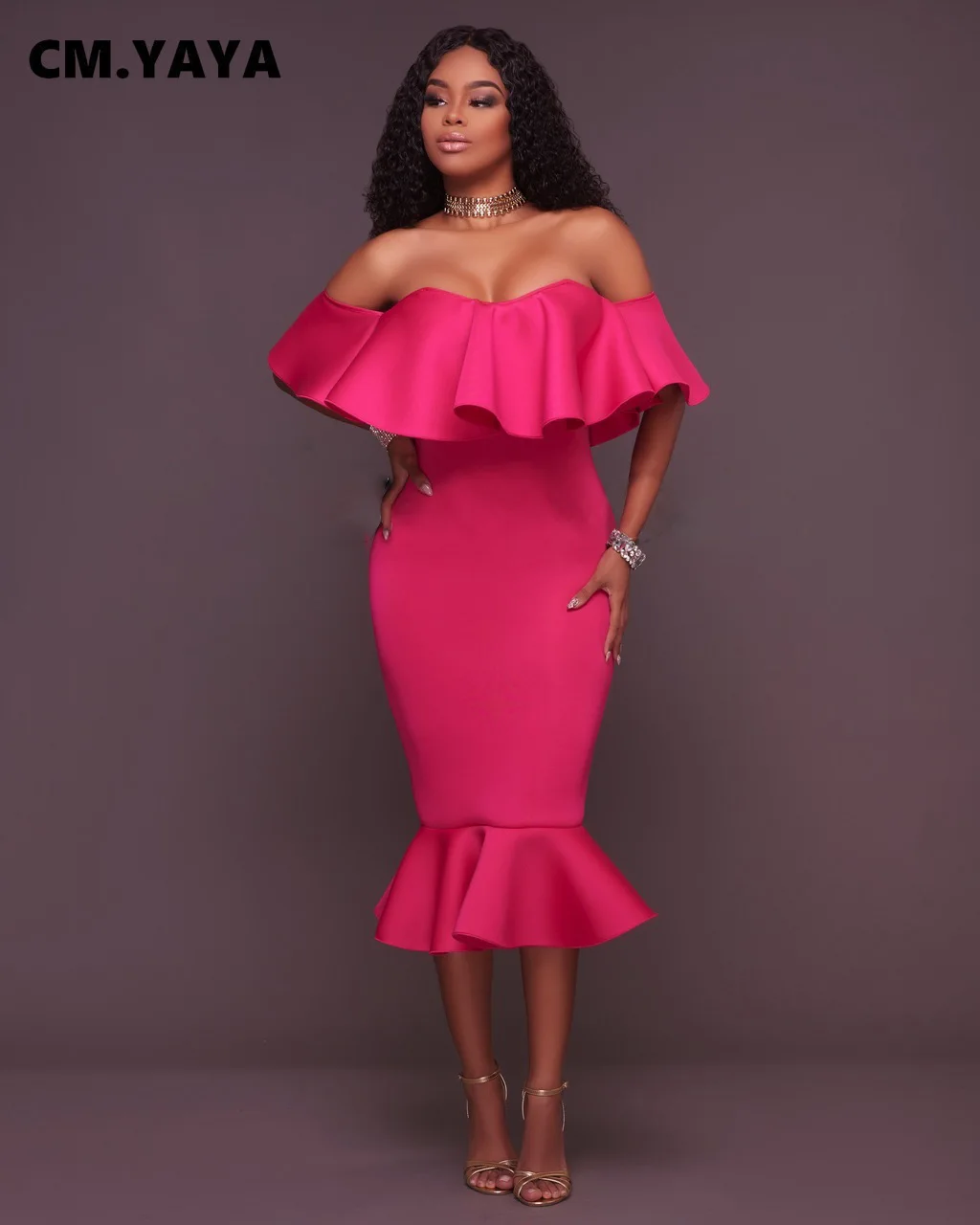 CM.YAYA Women Party Dress Solid Off Shoulder Ruffles Bodycon Trumpet Dresses Elegant Gorgeous Evening Vestidos Autumn Clothes CM.YAYA Women Party Dress Solid Off Shoulder Ruffles Bodycon Trumpet Dresses Elegant Gorgeous Evening Vestidos Autumn Clothes