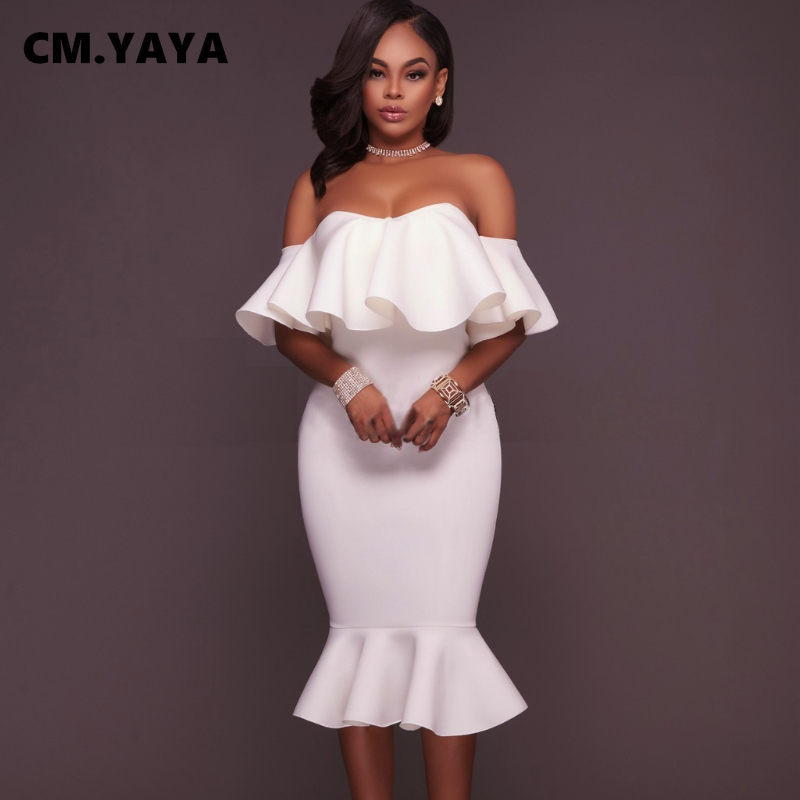 CM.YAYA Women Party Dress Solid Off Shoulder Ruffles Bodycon Trumpet Dresses Elegant Gorgeous Evening Vestidos Autumn Clothes CM.YAYA Women Party Dress Solid Off Shoulder Ruffles Bodycon Trumpet Dresses Elegant Gorgeous Evening Vestidos Autumn Clothes