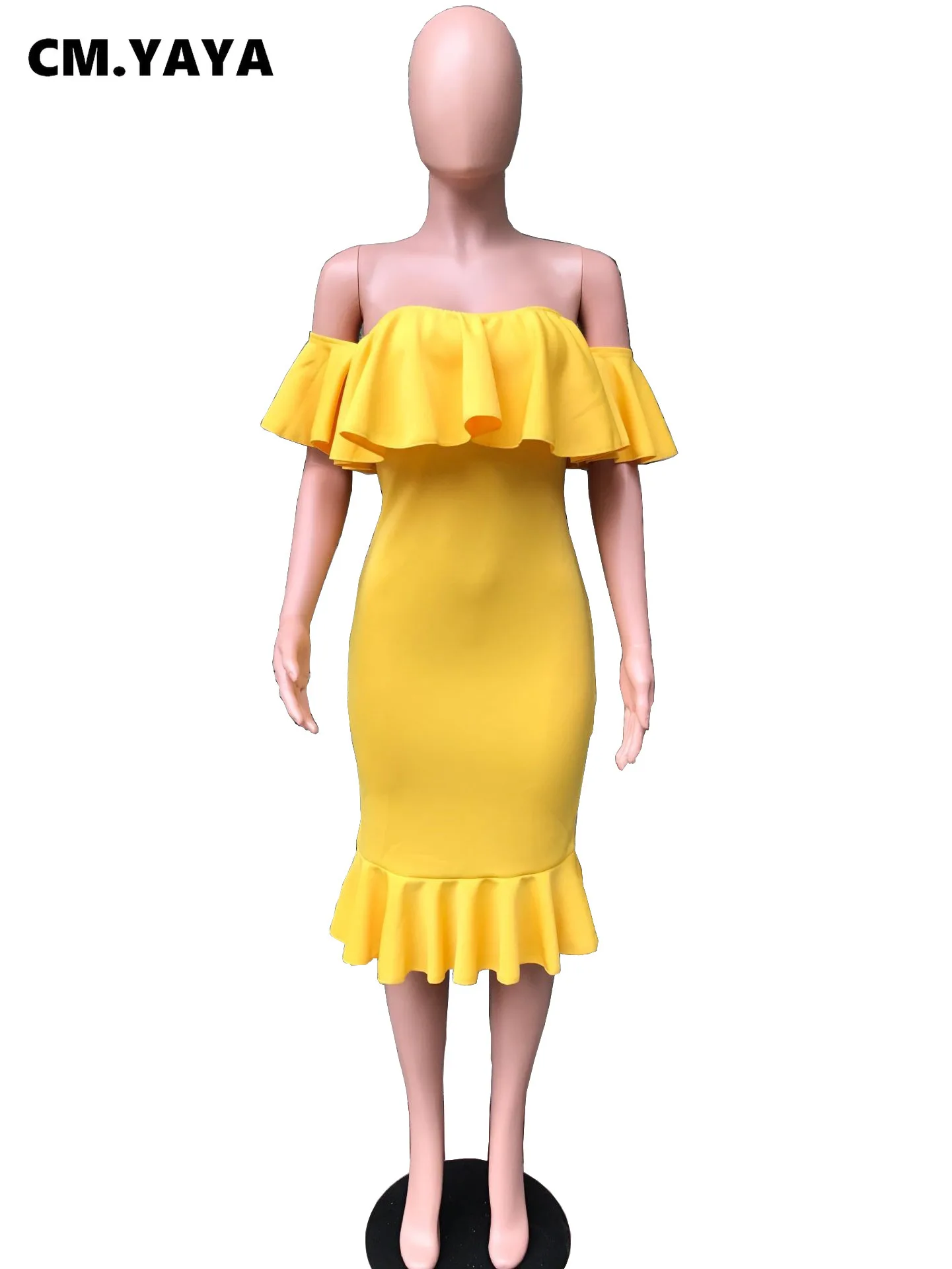 CM.YAYA Women Party Dress Solid Off Shoulder Ruffles Bodycon Trumpet Dresses Elegant Gorgeous Evening Vestidos Autumn Clothes