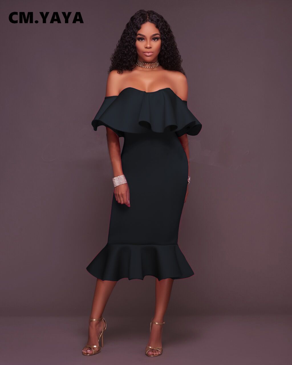 CM.YAYA Women Party Dress Solid Off Shoulder Ruffles Bodycon Trumpet Dresses Elegant Gorgeous Evening Vestidos Autumn Clothes CM.YAYA Women Party Dress Solid Off Shoulder Ruffles Bodycon Trumpet Dresses Elegant Gorgeous Evening Vestidos Autumn Clothes