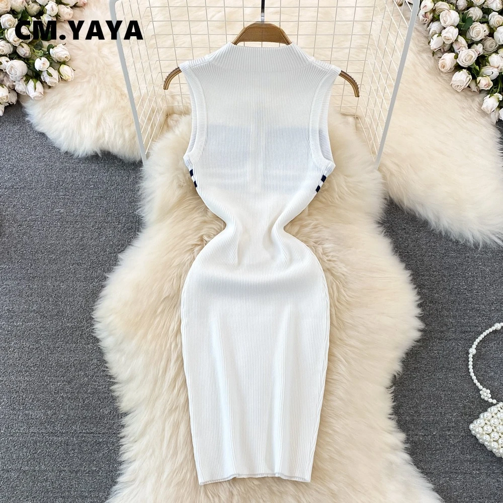 CM.YAYA Fashion Women striped knit Sleeveless Active Sporty Bodycon Mini Dress 2025 Summer Vacation Fitness Streetwear Dresses