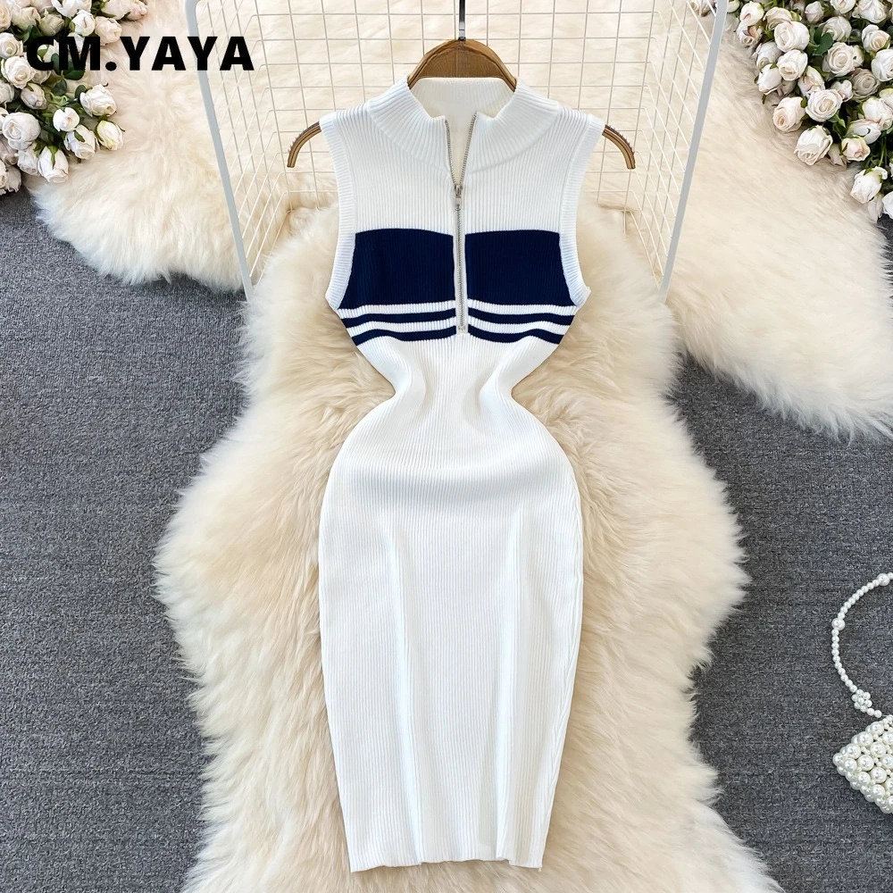 CM.YAYA Fashion Women striped knit Sleeveless Active Sporty Bodycon Mini Dress 2025 Summer Vacation Fitness Streetwear Dresses
