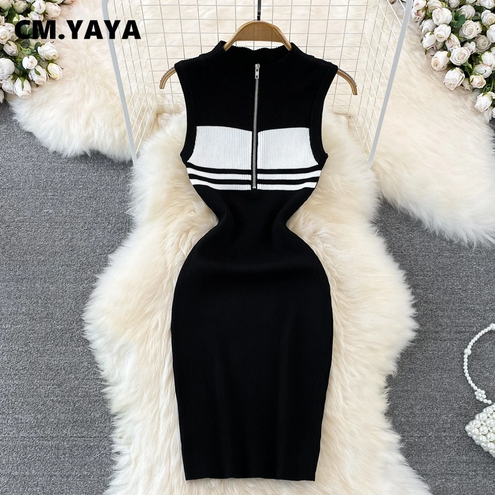 CM.YAYA Fashion Women striped knit Sleeveless Active Sporty Bodycon Mini Dress 2025 Summer Vacation Fitness Streetwear Dresses