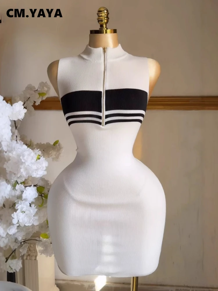 CM.YAYA Fashion Women striped knit Sleeveless Active Sporty Bodycon Mini Dress 2025 Summer Vacation Fitness Streetwear Dresses