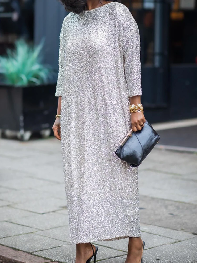 CM.YAYA Women O-neck Three Quarter Sleeve Straight Loose Birthday Silver Maxi Dress 2024 Evening Sexy Party Dresses Vestidos