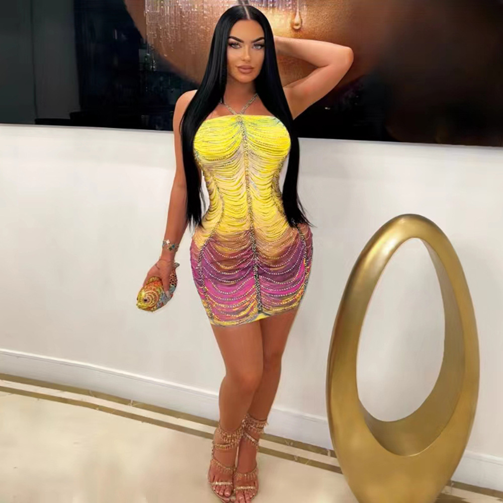 CM.YAYA Women Rainbow Diamonds Crystal Tassel Halter Neck Bodycon Midi Dress 2024 Evening Sexy Party Club Chic Dresses Vestidos