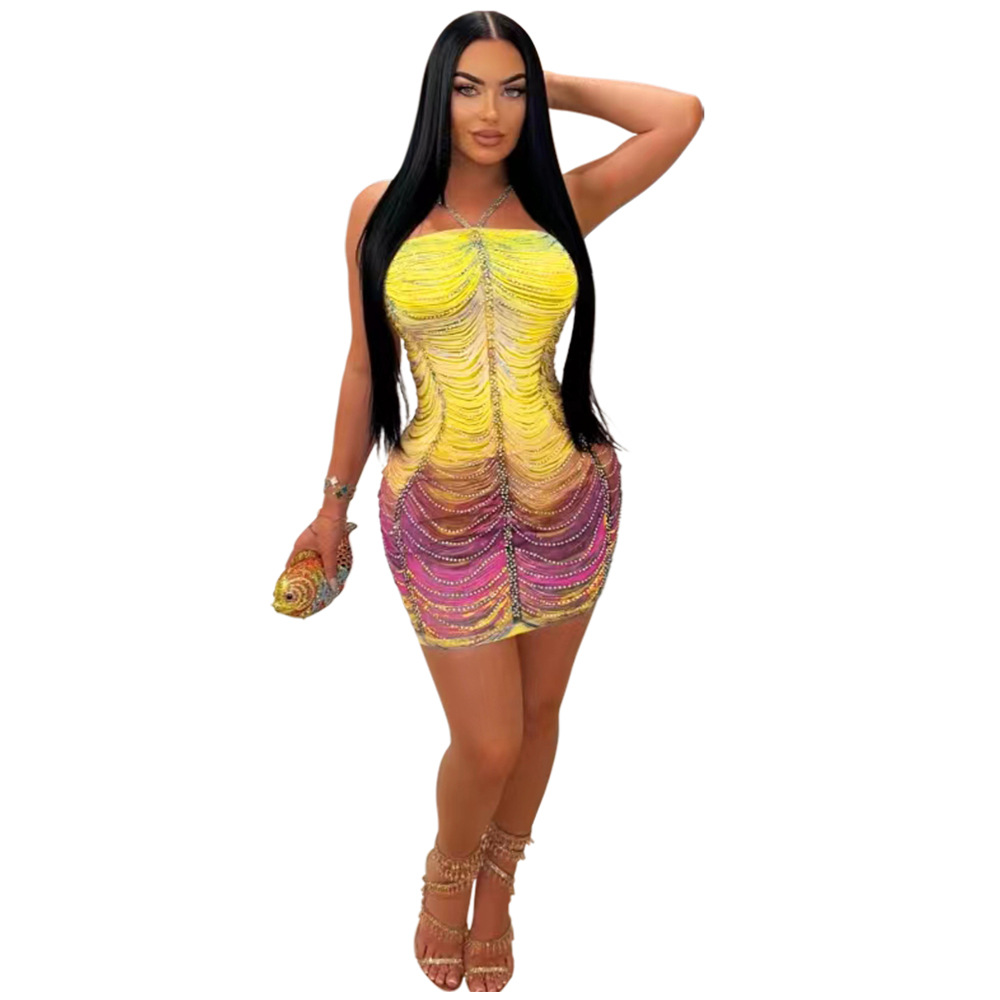 CM.YAYA Women Rainbow Diamonds Crystal Tassel Halter Neck Bodycon Midi Dress 2024 Evening Sexy Party Club Chic Dresses Vestidos