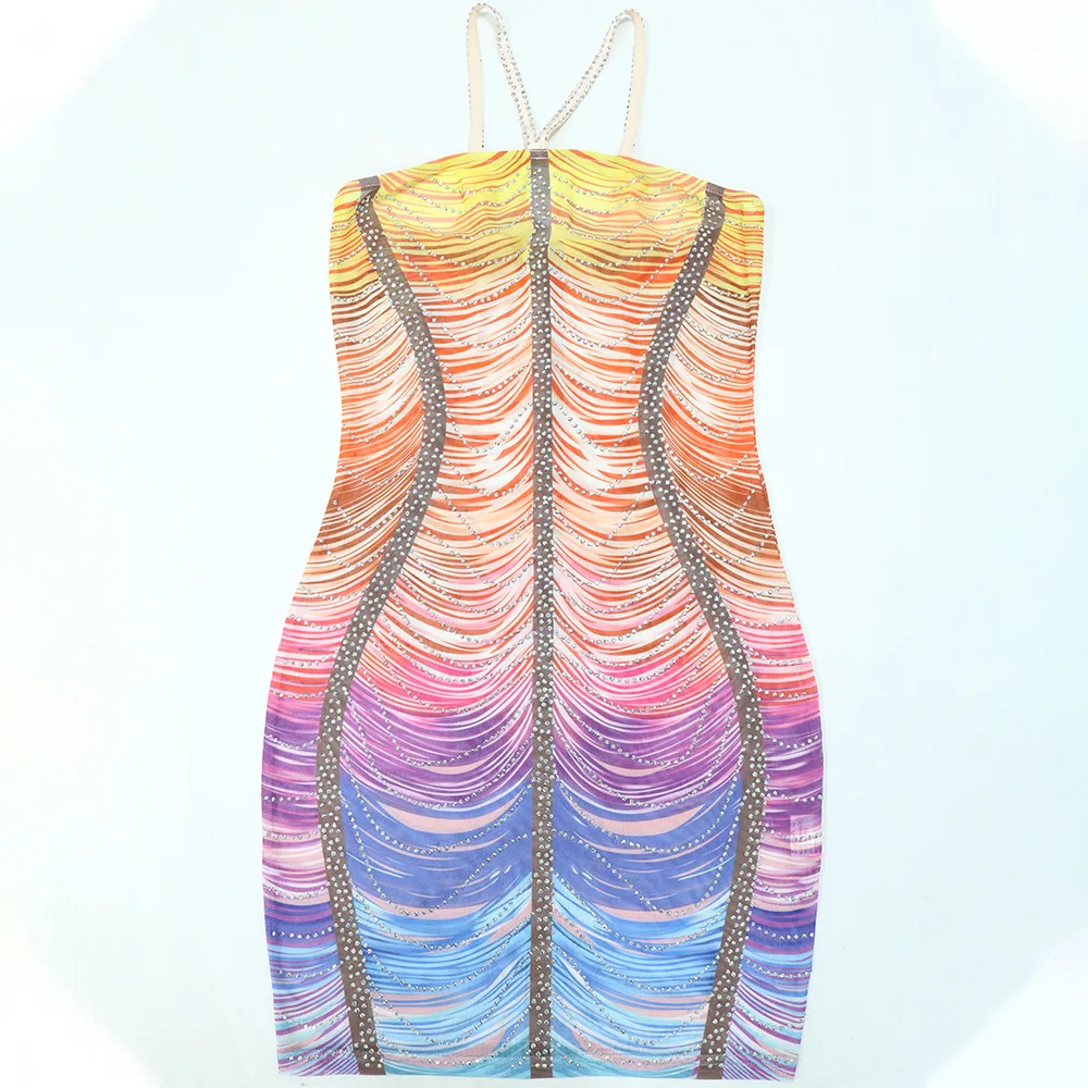 CM.YAYA Women Rainbow Diamonds Crystal Tassel Halter Neck Bodycon Midi Dress 2024 Evening Sexy Party Club Chic Dresses Vestidos