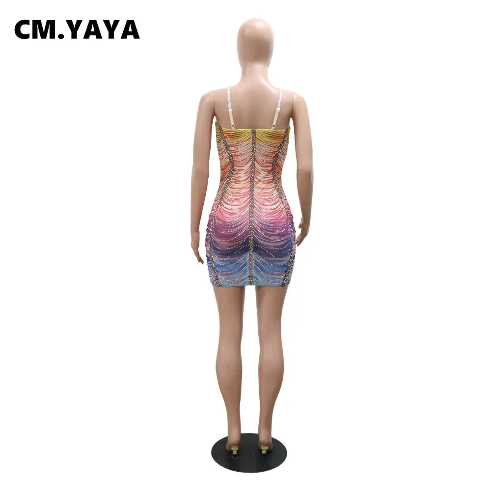 CM.YAYA Women Rainbow Diamonds Crystal Tassel Halter Neck Bodycon Midi Dress 2024 Evening Sexy Party Club Chic Dresses Vestidos