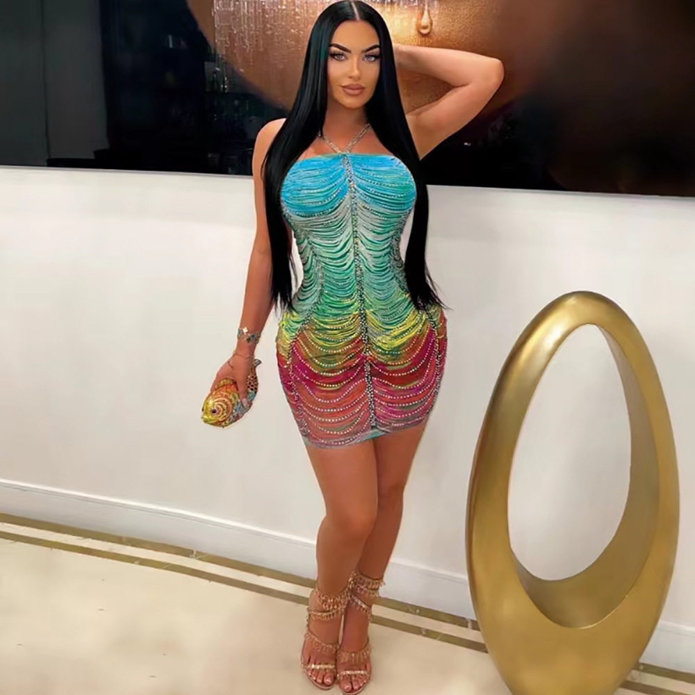 CM.YAYA Women Rainbow Diamonds Crystal Tassel Halter Neck Bodycon Midi Dress 2024 Evening Sexy Party Club Chic Dresses Vestidos