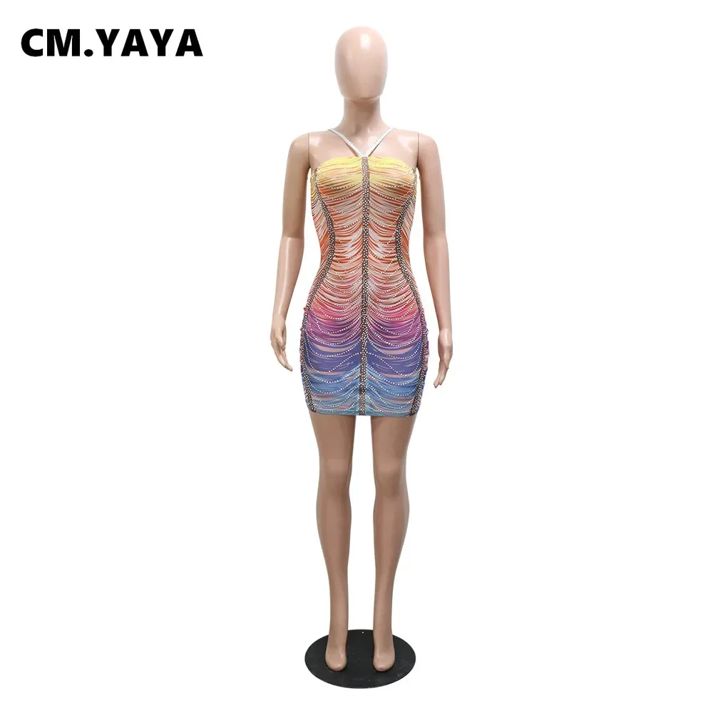 CM.YAYA Women Rainbow Diamonds Crystal Tassel Halter Neck Bodycon Midi Dress 2024 Evening Sexy Party Club Chic Dresses Vestidos