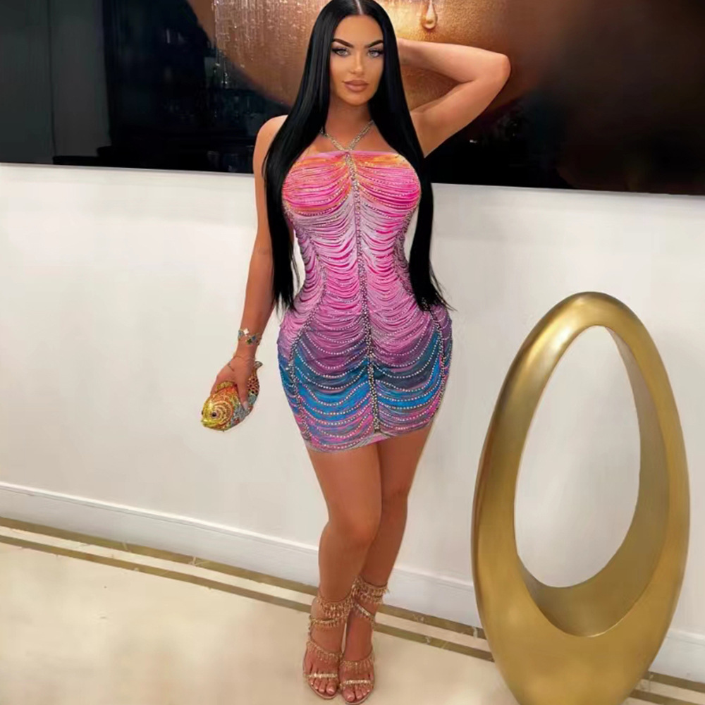 CM.YAYA Women Rainbow Diamonds Crystal Tassel Halter Neck Bodycon Midi Dress 2024 Evening Sexy Party Club Chic Dresses Vestidos