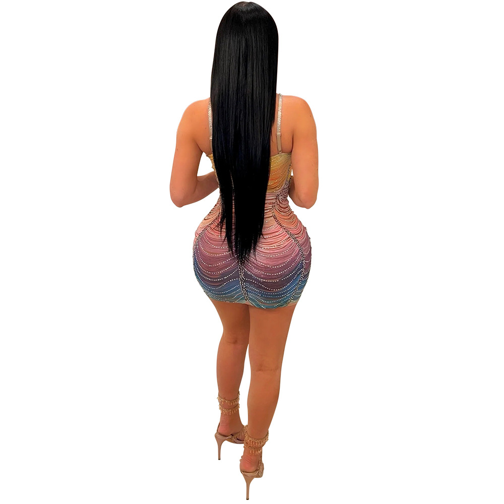 CM.YAYA Women Rainbow Diamonds Crystal Tassel Halter Neck Bodycon Midi Dress 2024 Evening Sexy Party Club Chic Dresses Vestidos