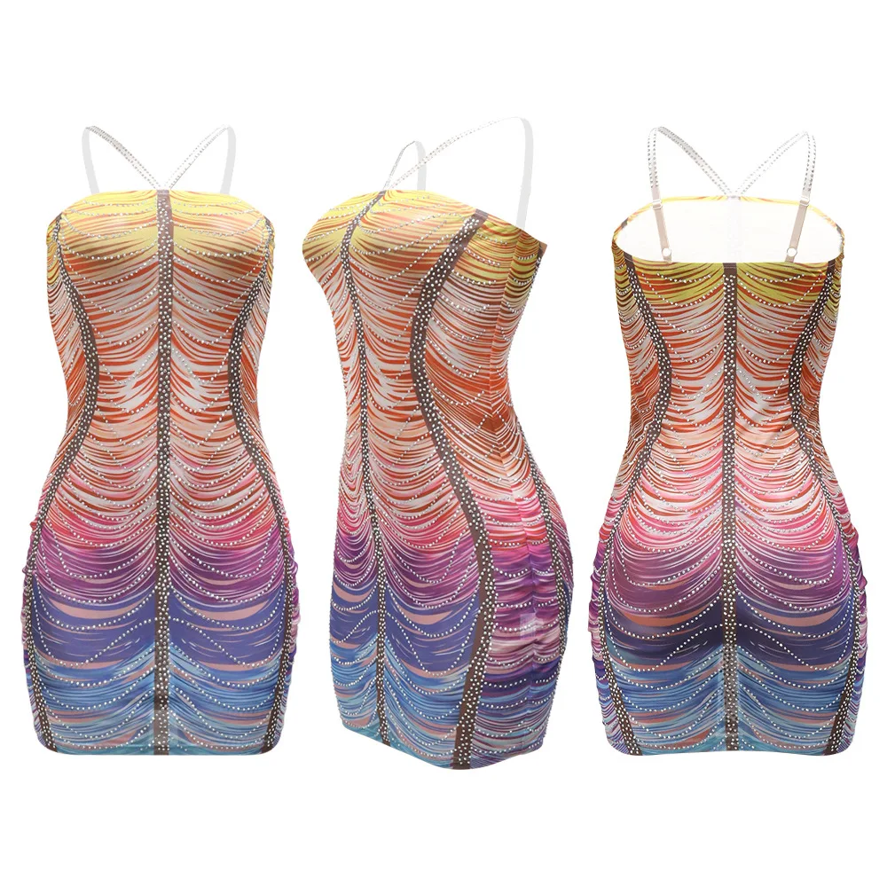 CM.YAYA Women Rainbow Diamonds Crystal Tassel Halter Neck Bodycon Midi Dress 2024 Evening Sexy Party Club Chic Dresses Vestidos