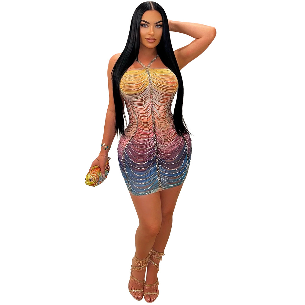 CM.YAYA Women Rainbow Diamonds Crystal Tassel Halter Neck Bodycon Midi Dress 2024 Evening Sexy Party Club Chic Dresses Vestidos