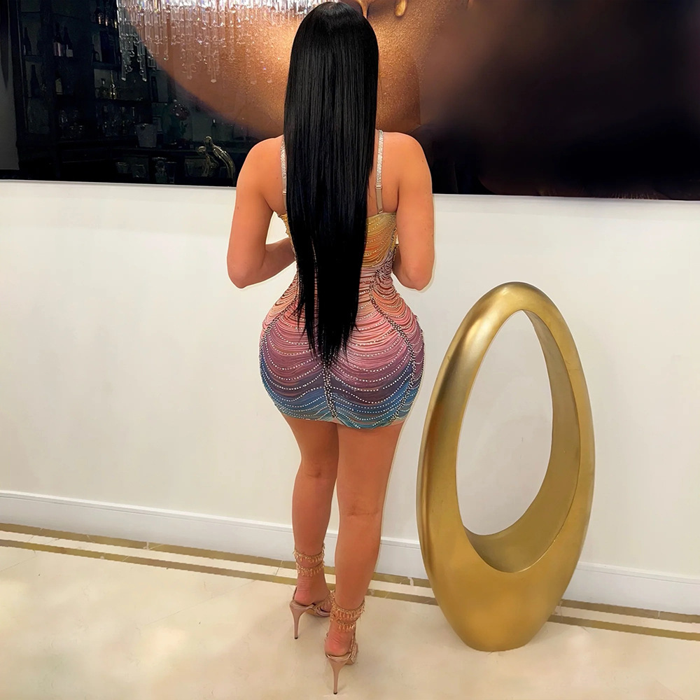 CM.YAYA Women Rainbow Diamonds Crystal Tassel Halter Neck Bodycon Midi Dress 2024 Evening Sexy Party Club Chic Dresses Vestidos