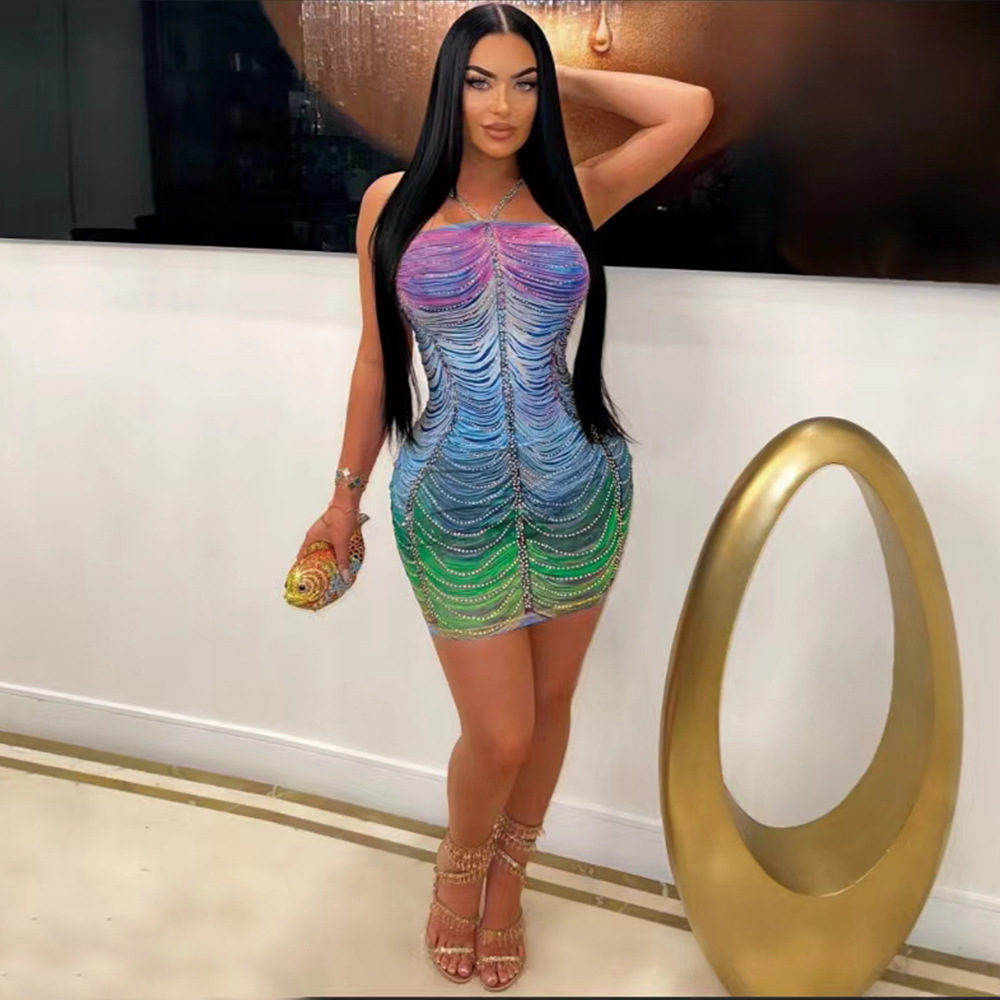 CM.YAYA Women Rainbow Diamonds Crystal Tassel Halter Neck Bodycon Midi Dress 2024 Evening Sexy Party Club Chic Dresses Vestidos