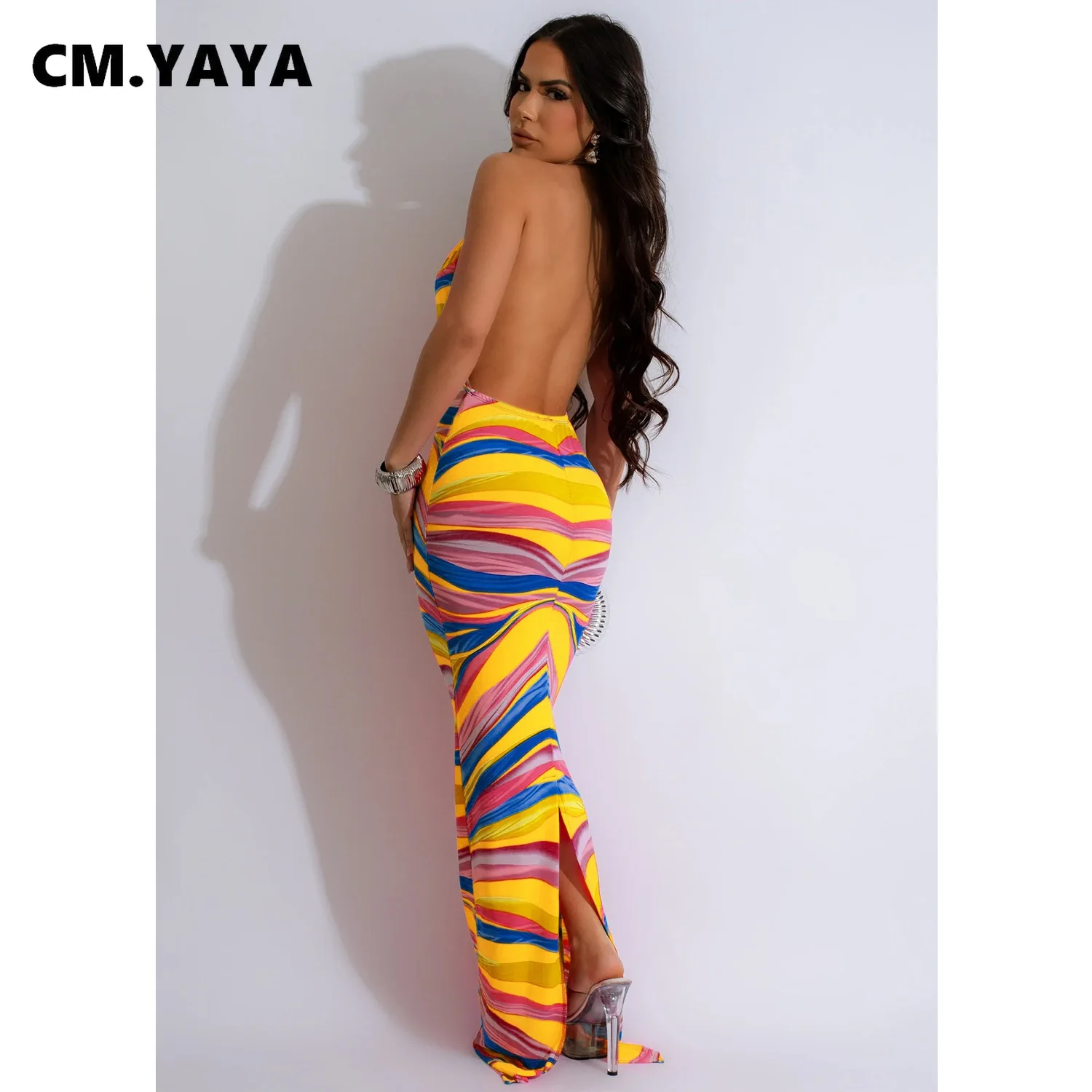 CM.YAYA Women Deep V-neck Halter High Waist Long Maxi Dress 2024 Summer Print Sleeveless Beach Night Club Party Vestido Dresses