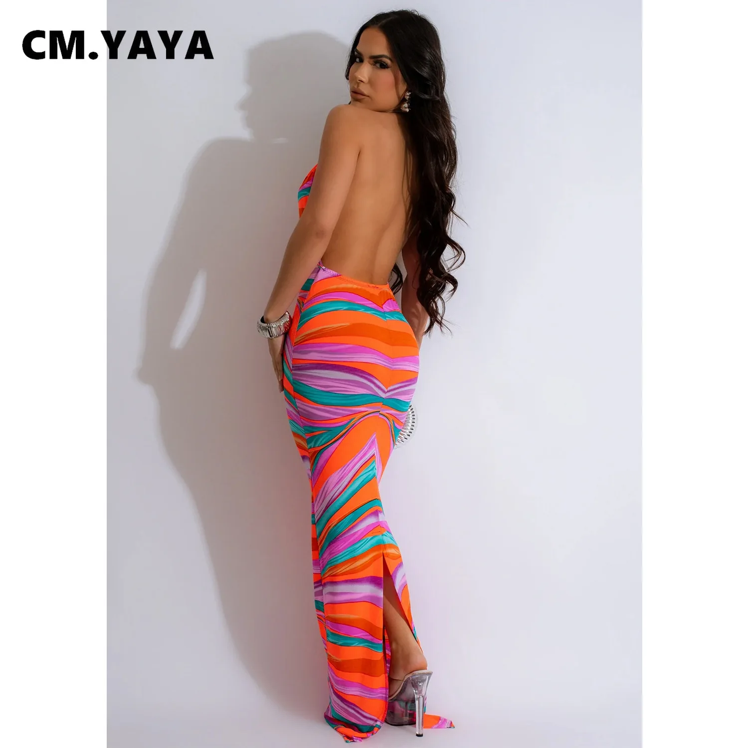 CM.YAYA Women Deep V-neck Halter High Waist Long Maxi Dress 2024 Summer Print Sleeveless Beach Night Club Party Vestido Dresses