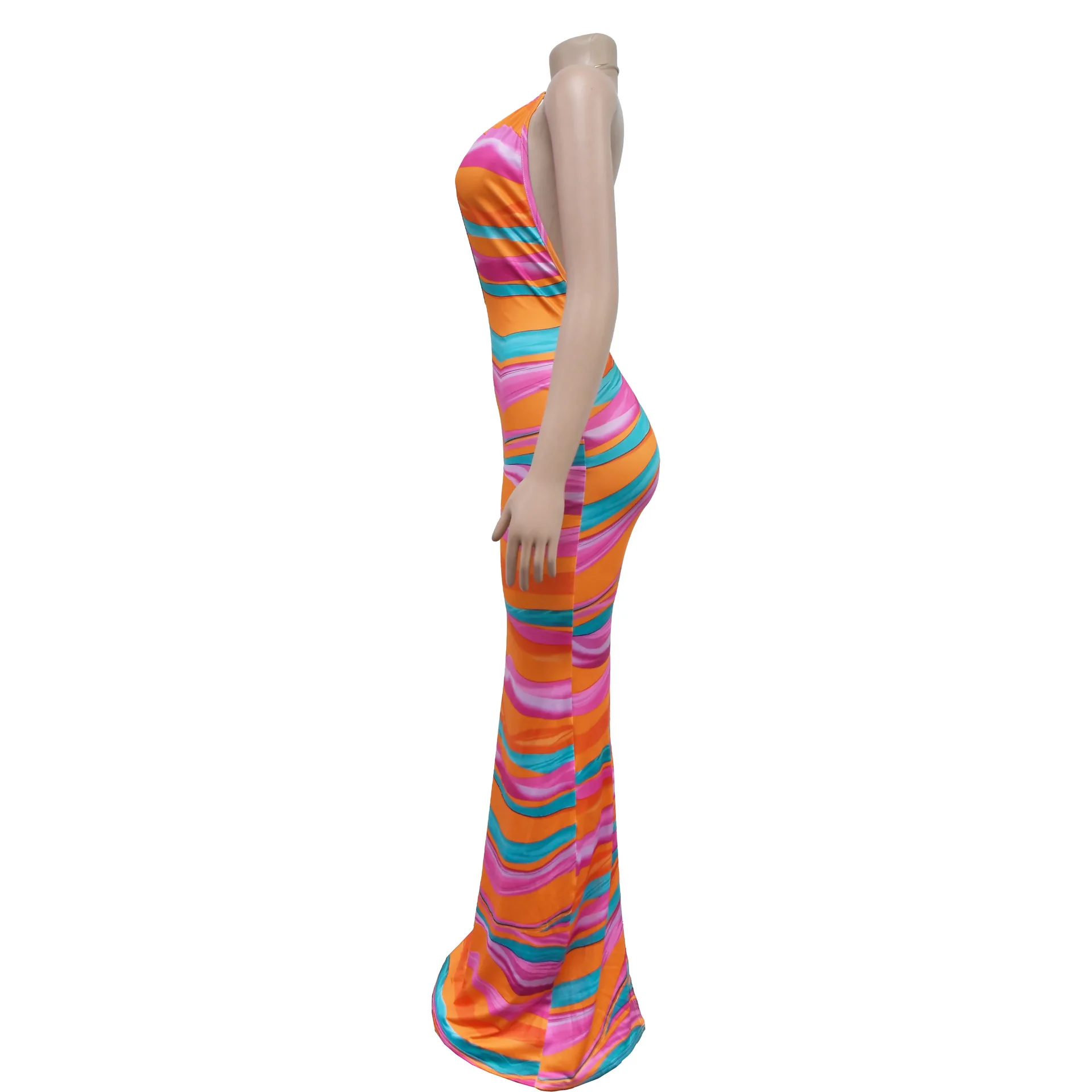 CM.YAYA Women Deep V-neck Halter High Waist Long Maxi Dress 2024 Summer Print Sleeveless Beach Night Club Party Vestido Dresses