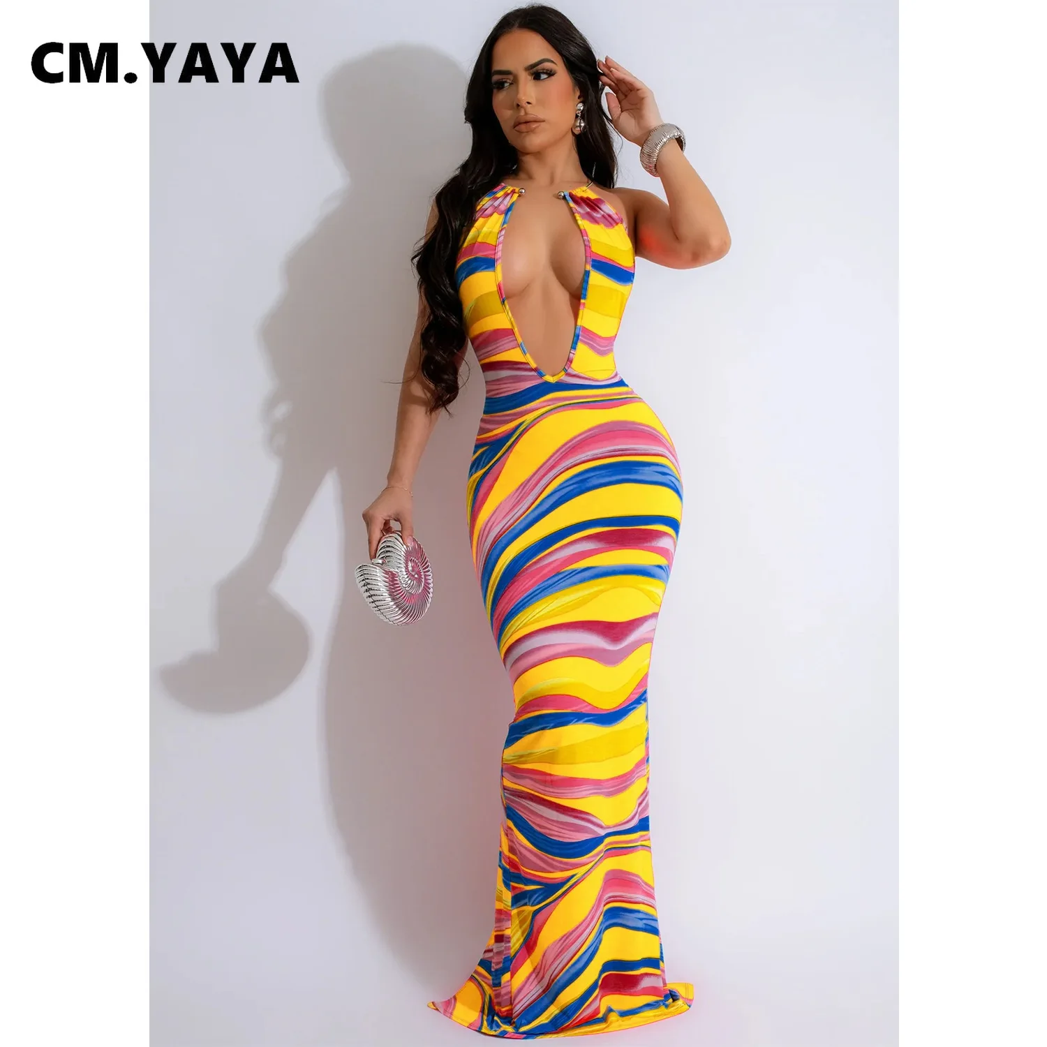 CM.YAYA Women Deep V-neck Halter High Waist Long Maxi Dress 2024 Summer Print Sleeveless Beach Night Club Party Vestido Dresses