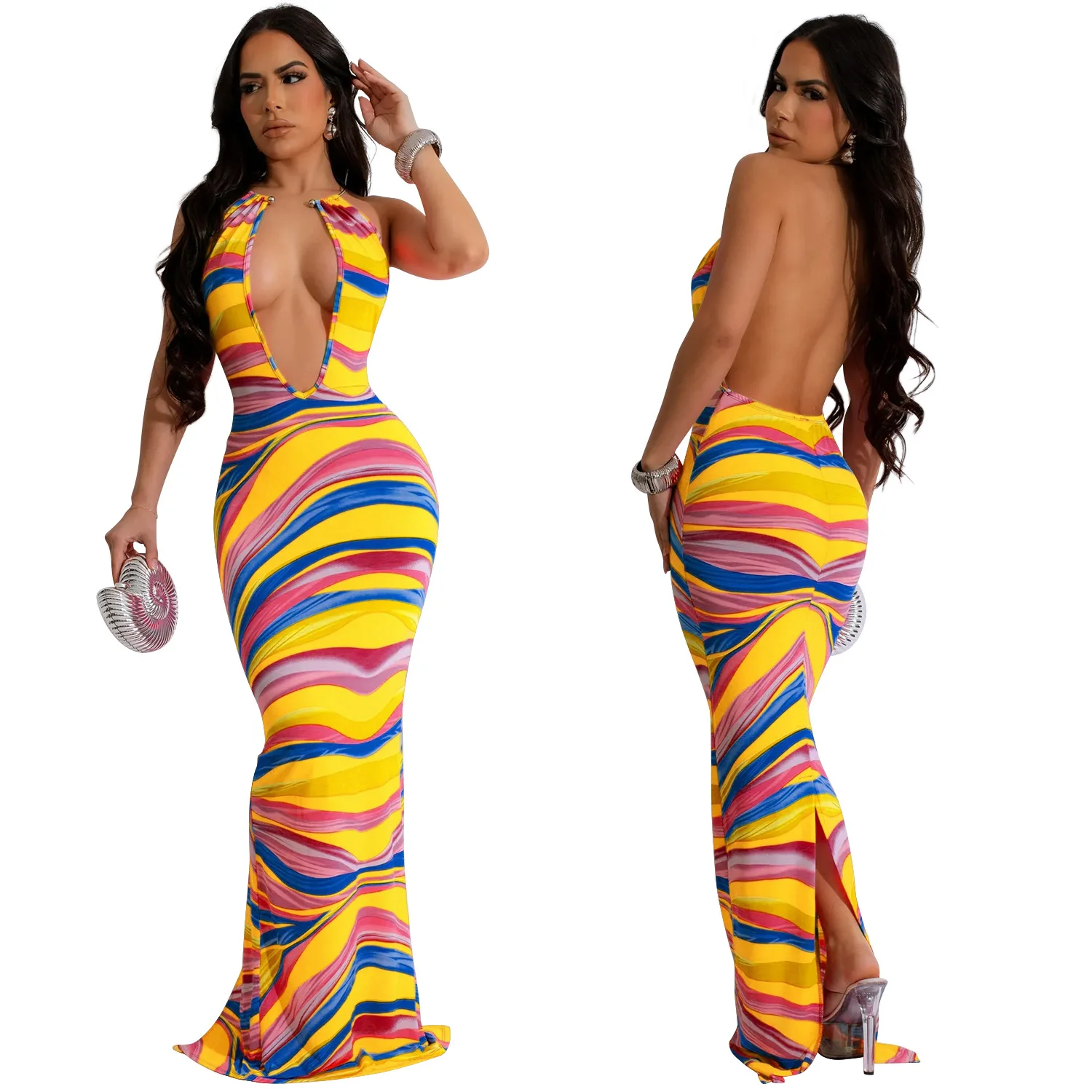 CM.YAYA Women Deep V-neck Halter High Waist Long Maxi Dress 2024 Summer Print Sleeveless Beach Night Club Party Vestido Dresses