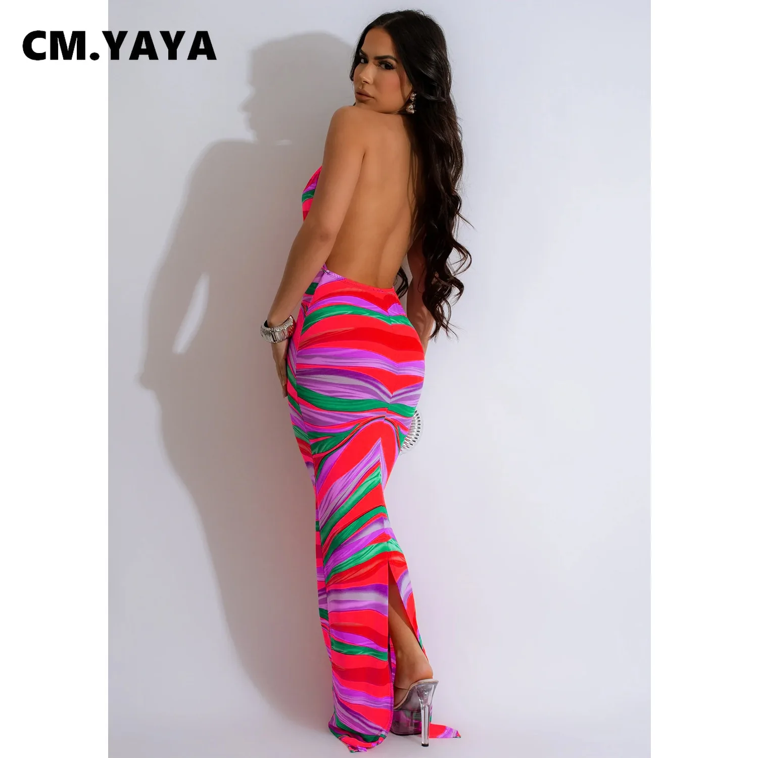 CM.YAYA Women Deep V-neck Halter High Waist Long Maxi Dress 2024 Summer Print Sleeveless Beach Night Club Party Vestido Dresses