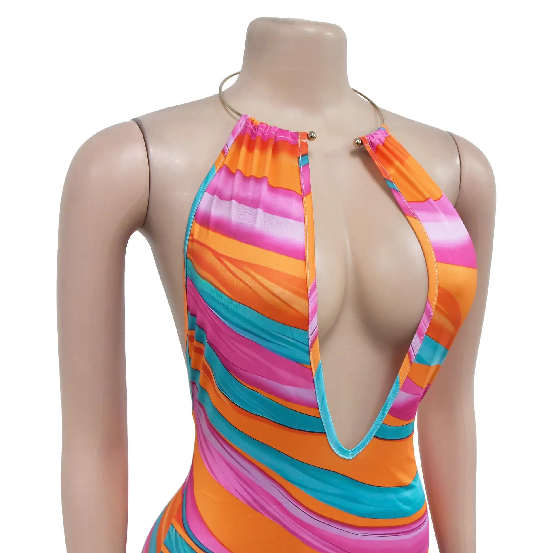 CM.YAYA Women Deep V-neck Halter High Waist Long Maxi Dress 2024 Summer Print Sleeveless Beach Night Club Party Vestido Dresses