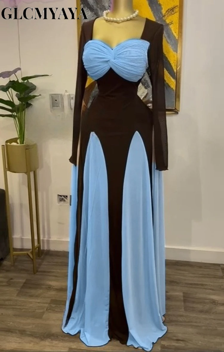 GLCMYAYA Women Long Sleeve Draped Front Midi A-line Patchwork Maxi Long  Dress 2025 Vacation Holiday Party Birthday Dresses