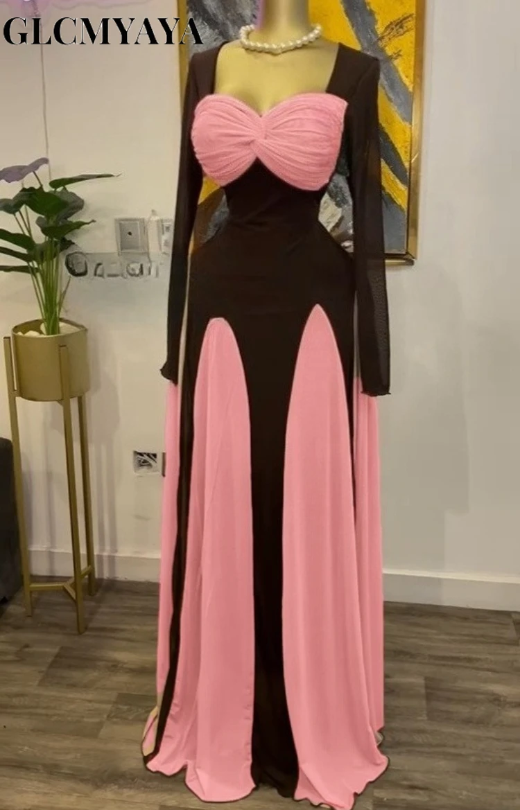 GLCMYAYA Women Long Sleeve Draped Front Midi A-line Patchwork Maxi Long  Dress 2025 Vacation Holiday Party Birthday Dresses