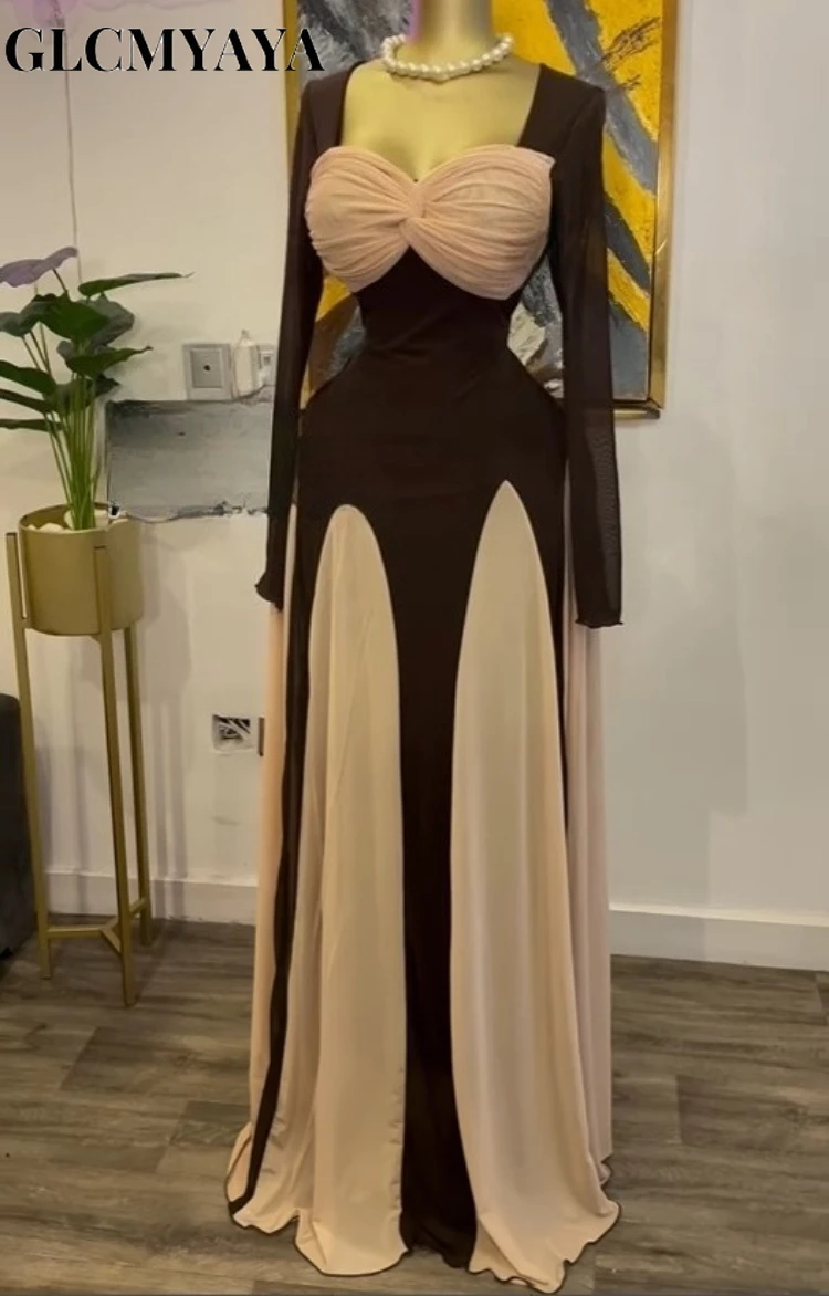 GLCMYAYA Women Long Sleeve Draped Front Midi A-line Patchwork Maxi Long  Dress 2025 Vacation Holiday Party Birthday Dresses