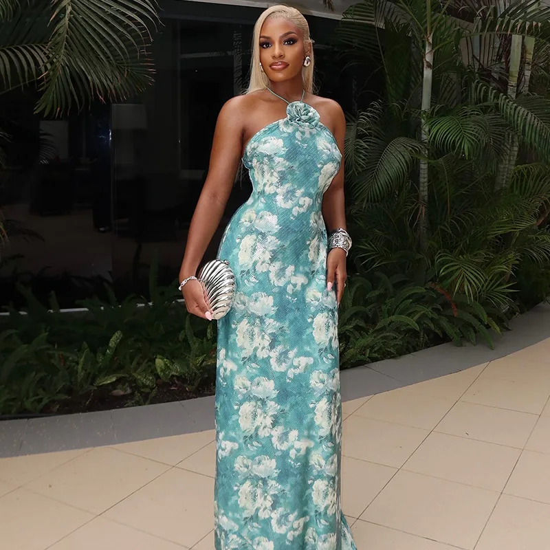 CM.YAYA Women Sleeveless Floral Print Flower Halter Neck Bodycon Midi Maxi Dress Summer 2025 Evening Sexy Party Dresses Vestidos