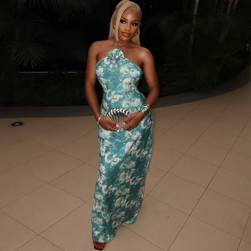 CM.YAYA Women Sleeveless Floral Print Flower Halter Neck Bodycon Midi Maxi Dress Summer 2025 Evening Sexy Party Dresses Vestidos