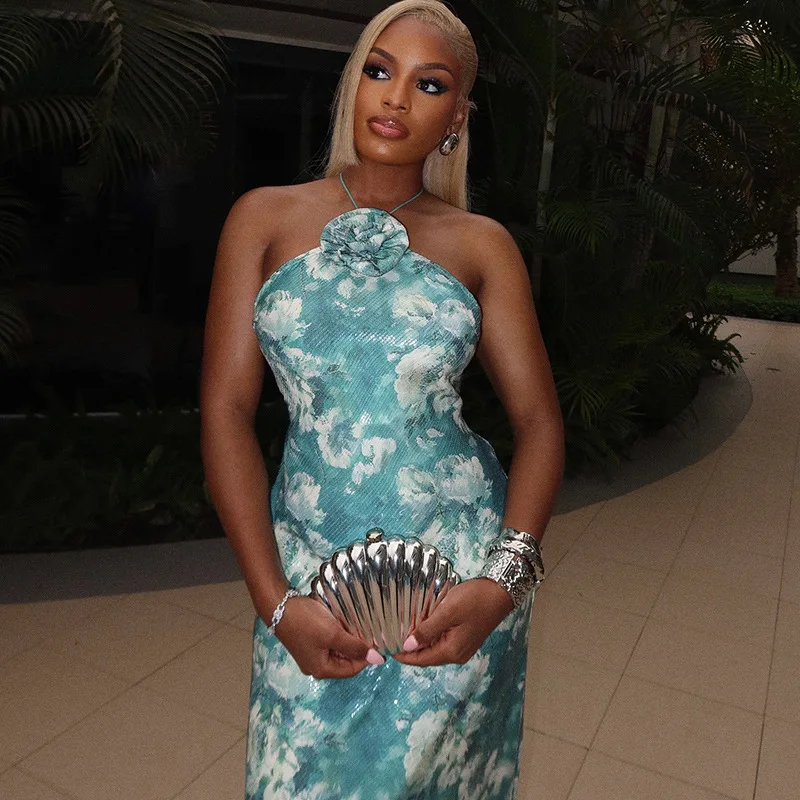 CM.YAYA Women Sleeveless Floral Print Flower Halter Neck Bodycon Midi Maxi Dress Summer 2025 Evening Sexy Party Dresses Vestidos