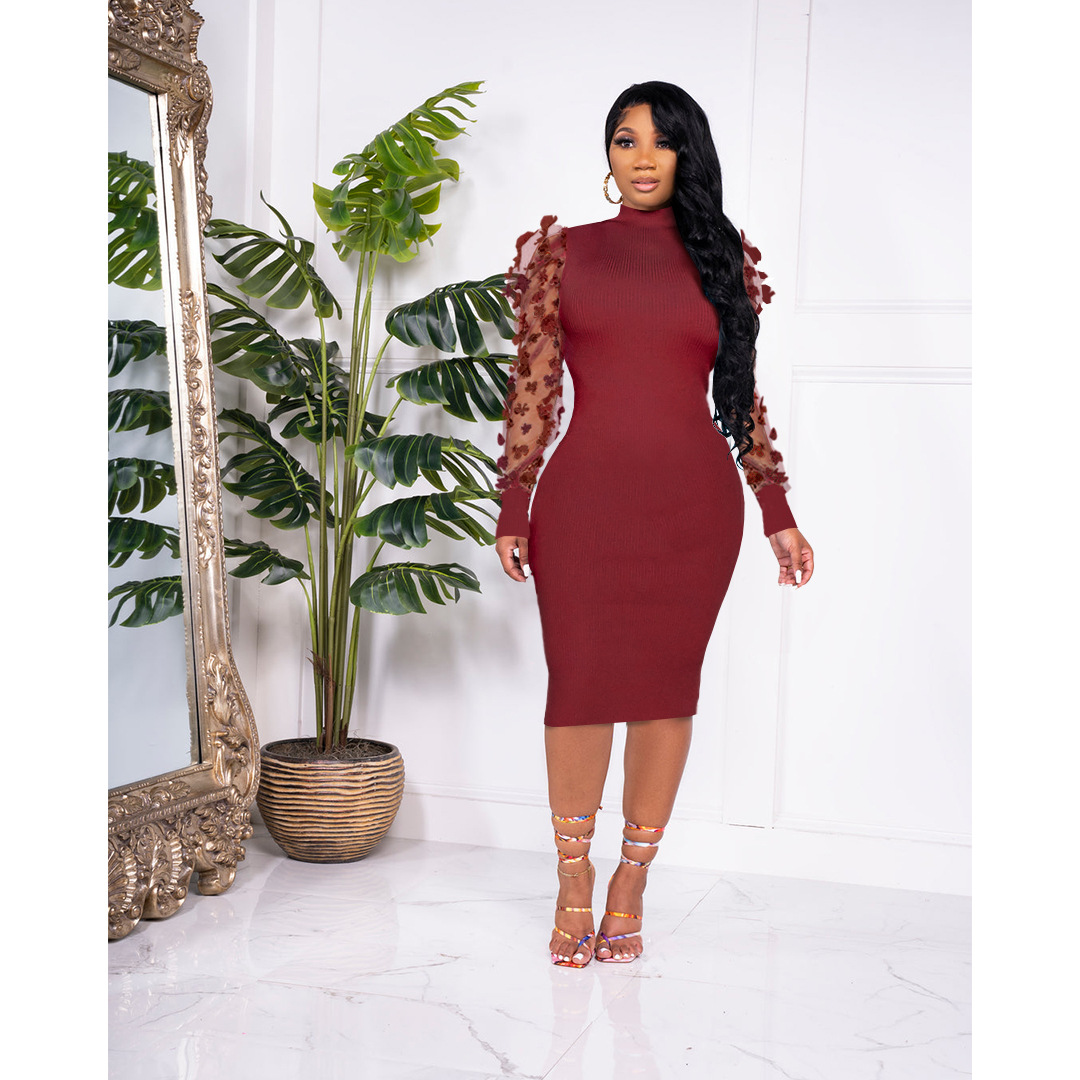 CM.YAYA Elegant Women Floral Applique Mesh Long Sleeve Knit Ribbed Sweater Dress Fashion Autumn Winter Bodycon Dresses Vestidos