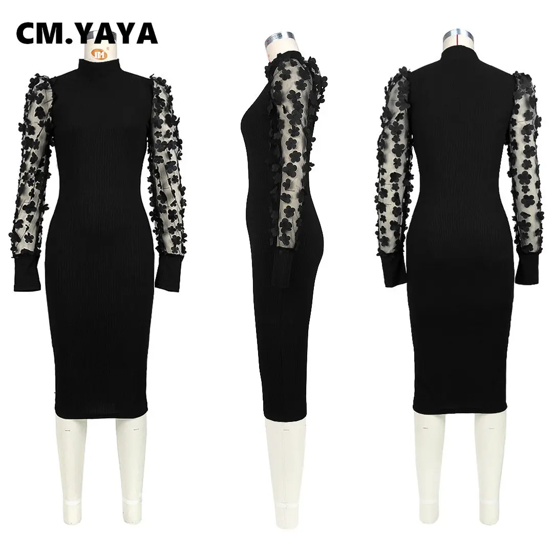 CM.YAYA Elegant Women Floral Applique Mesh Long Sleeve Knit Ribbed Sweater Dress Fashion Autumn Winter Bodycon Dresses Vestidos CM.YAYA Elegant Women Floral Applique Mesh Long Sleeve Knit Ribbed Sweater Dress Fashion Autumn Winter Bodycon Dresses Vestidos