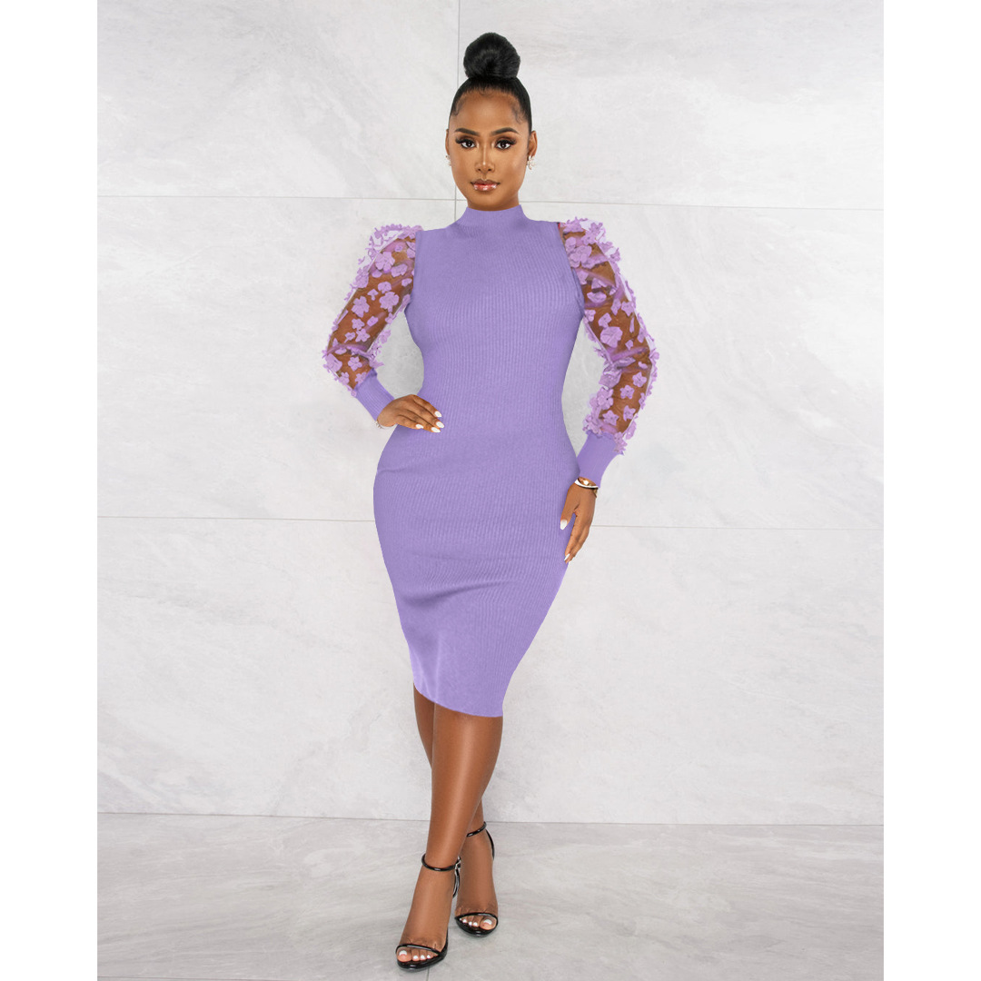CM.YAYA Elegant Women Floral Applique Mesh Long Sleeve Knit Ribbed Sweater Dress Fashion Autumn Winter Bodycon Dresses Vestidos CM.YAYA Elegant Women Floral Applique Mesh Long Sleeve Knit Ribbed Sweater Dress Fashion Autumn Winter Bodycon Dresses Vestidos