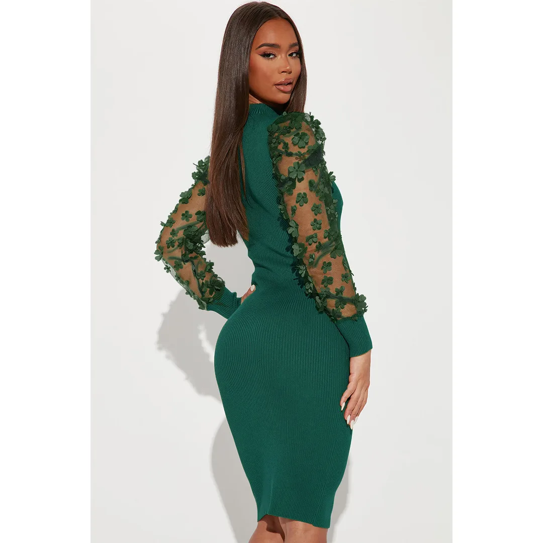CM.YAYA Elegant Women Floral Applique Mesh Long Sleeve Knit Ribbed Sweater Dress Fashion Autumn Winter Bodycon Dresses Vestidos CM.YAYA Elegant Women Floral Applique Mesh Long Sleeve Knit Ribbed Sweater Dress Fashion Autumn Winter Bodycon Dresses Vestidos