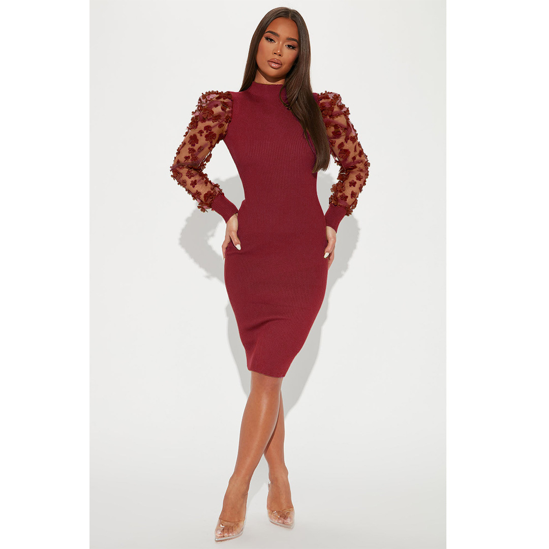 CM.YAYA Elegant Women Floral Applique Mesh Long Sleeve Knit Ribbed Sweater Dress Fashion Autumn Winter Bodycon Dresses Vestidos CM.YAYA Elegant Women Floral Applique Mesh Long Sleeve Knit Ribbed Sweater Dress Fashion Autumn Winter Bodycon Dresses Vestidos