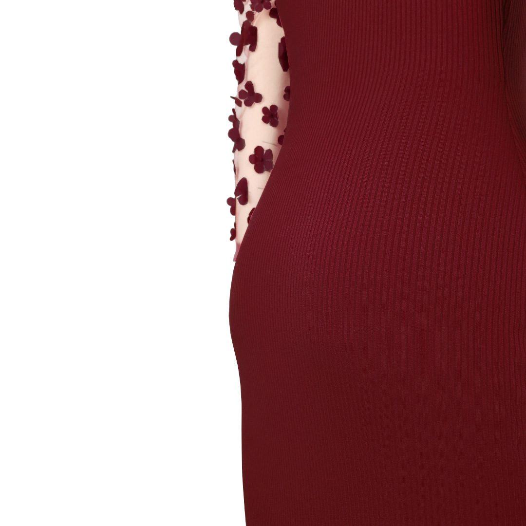 CM.YAYA Elegant Women Floral Applique Mesh Long Sleeve Knit Ribbed Sweater Dress Fashion Autumn Winter Bodycon Dresses Vestidos CM.YAYA Elegant Women Floral Applique Mesh Long Sleeve Knit Ribbed Sweater Dress Fashion Autumn Winter Bodycon Dresses Vestidos