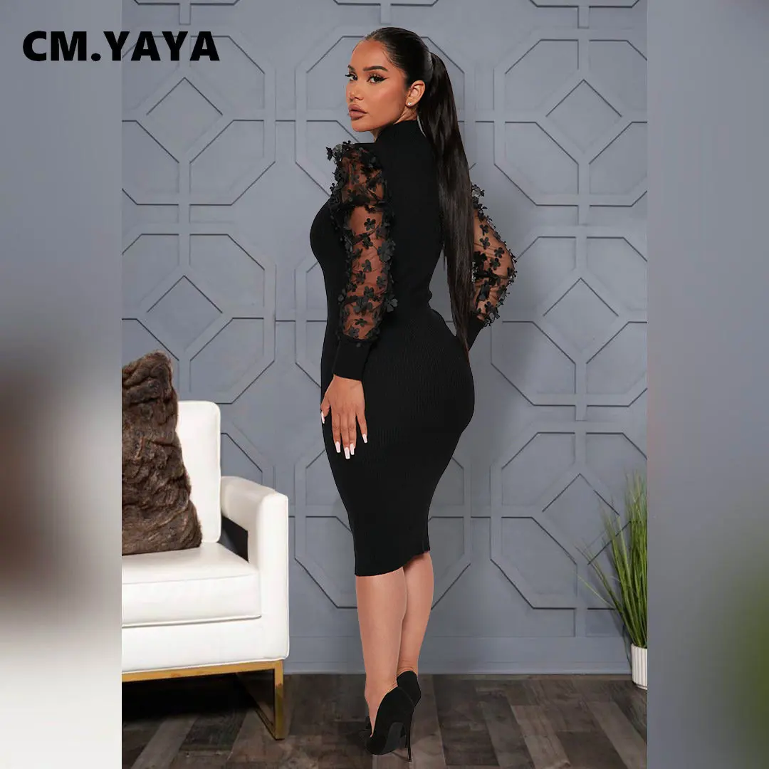 CM.YAYA Elegant Women Floral Applique Mesh Long Sleeve Knit Ribbed Sweater Dress Fashion Autumn Winter Bodycon Dresses Vestidos CM.YAYA Elegant Women Floral Applique Mesh Long Sleeve Knit Ribbed Sweater Dress Fashion Autumn Winter Bodycon Dresses Vestidos