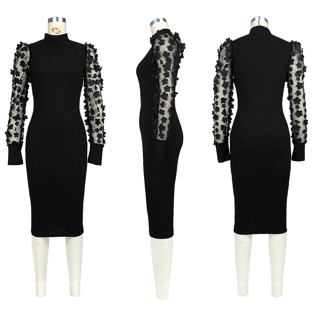 CM.YAYA Elegant Women Floral Applique Mesh Long Sleeve Knit Ribbed Sweater Dress Fashion Autumn Winter Bodycon Dresses Vestidos CM.YAYA Elegant Women Floral Applique Mesh Long Sleeve Knit Ribbed Sweater Dress Fashion Autumn Winter Bodycon Dresses Vestidos